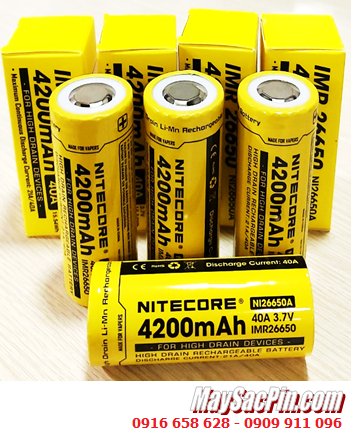 Nitecore IMR26650; Pin sạc 3.7v lithium Nitecore IMR26650 4200mAh (dòng xả 40A) for High Drain